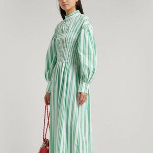 Ganni Green Stripe Cotton Smock Dress